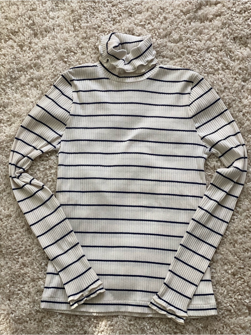 J. Crew Cream and Navy Striped Ribbed Turtleneck Long Sleeve Top S XS
